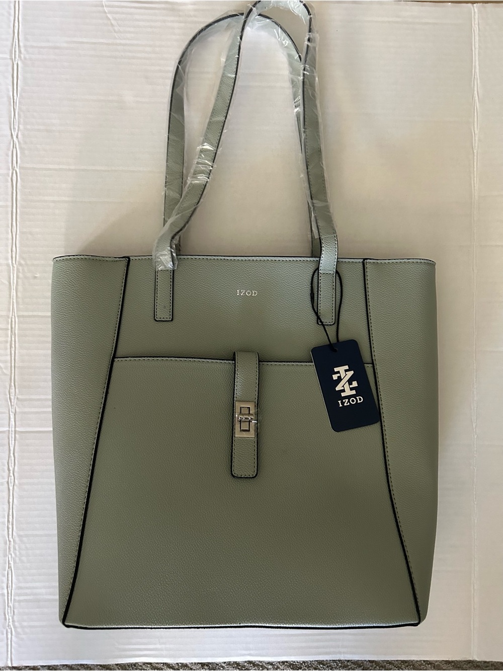 Izod Sage Green Tote with Front Pocket and Black Trim
